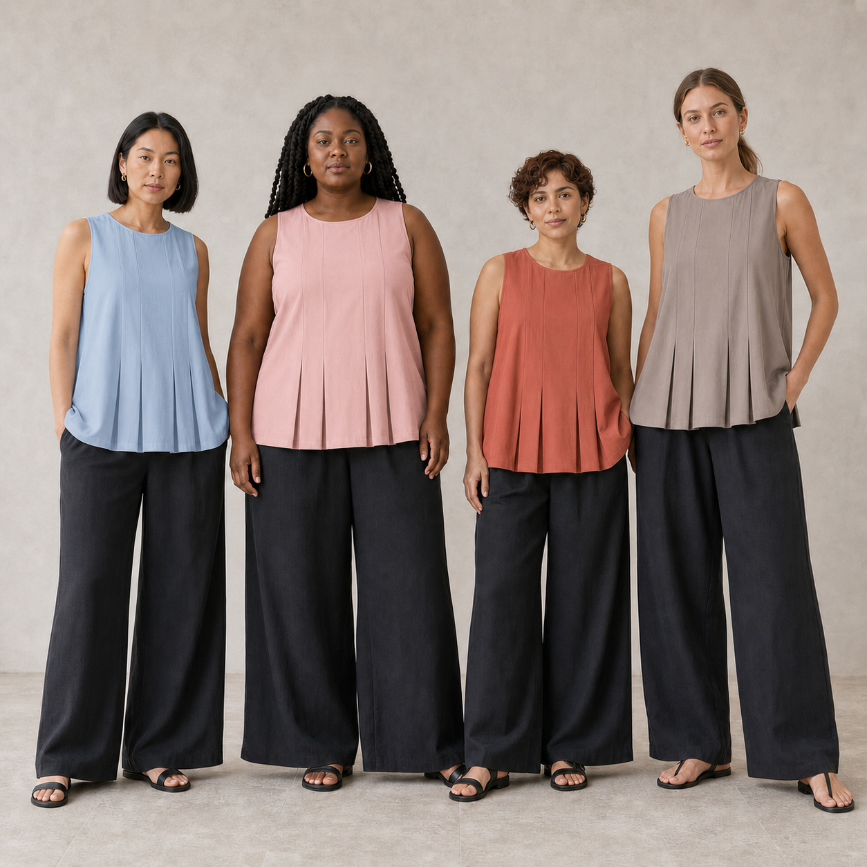 Four women wearing mixed four pack B pleated sleeveless tops