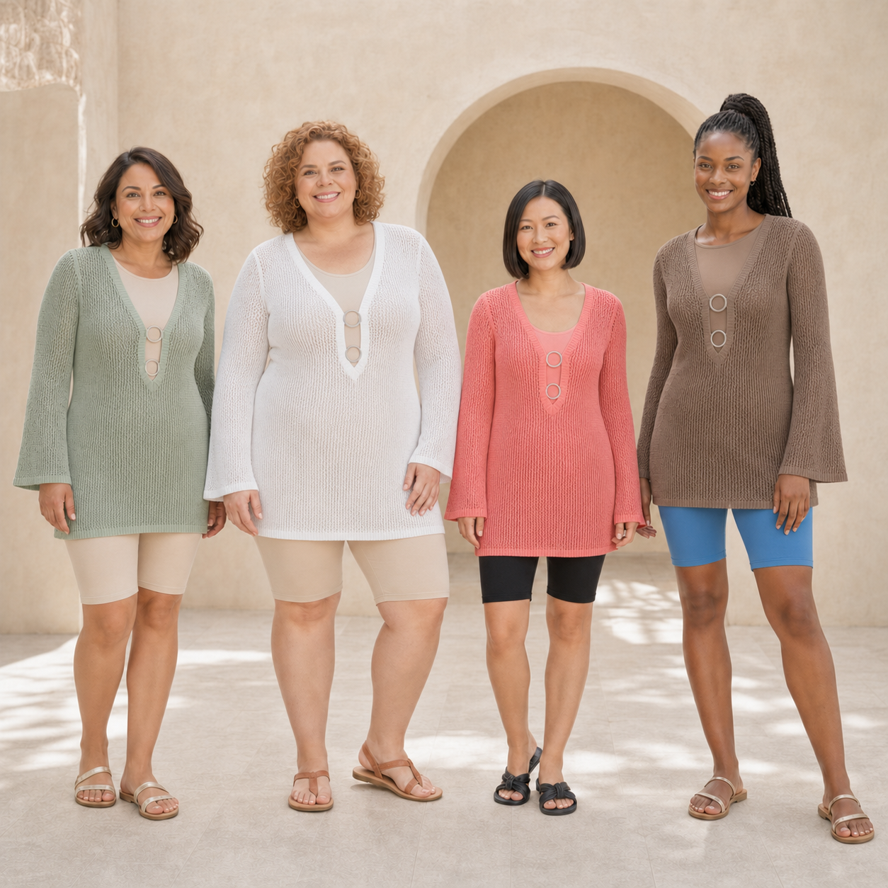 Four women wearing open-knit cover-up colors from mixed pack B