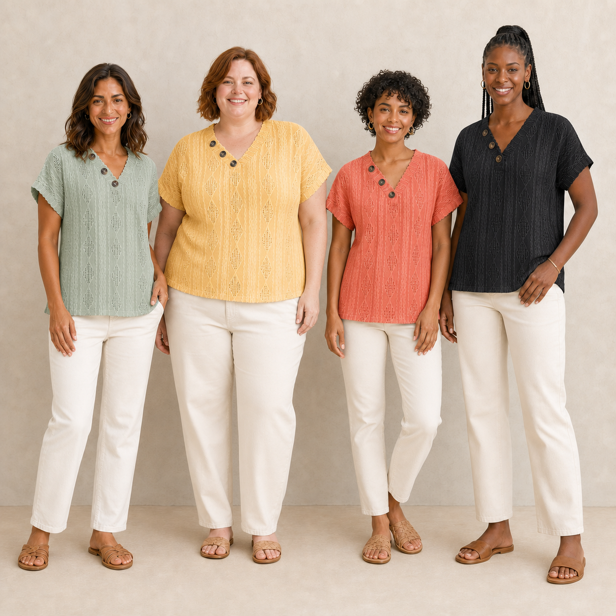 Four women wearing openwork top colors from pack B