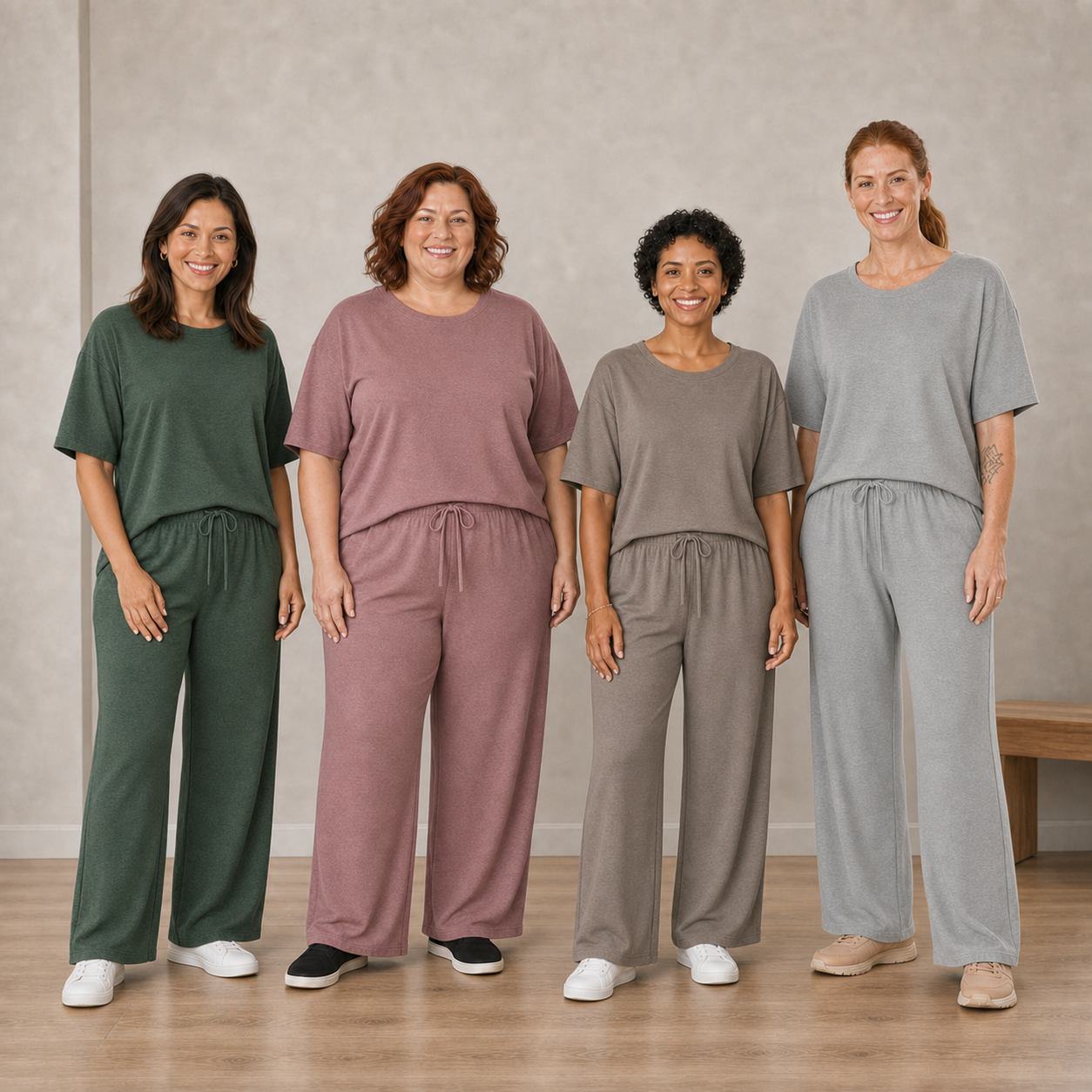 Four women wearing green rose taupe and light gray lounge sets