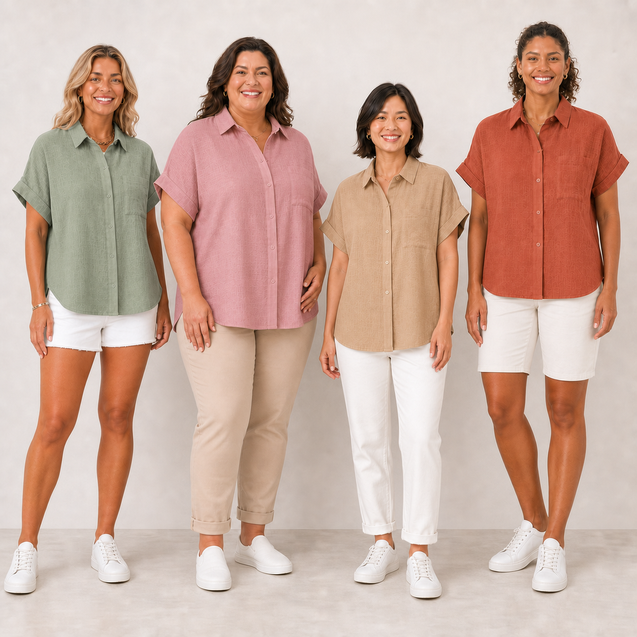 Four women wearing sage green dusty rose sand beige and terracotta shirts