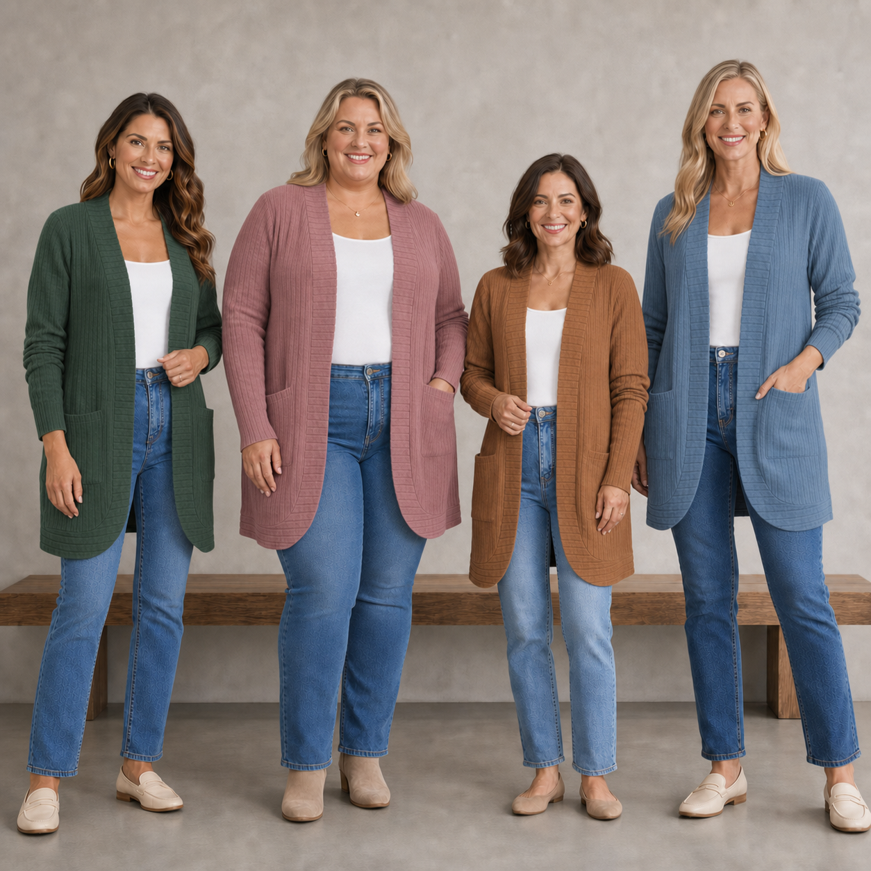 Four women wearing forest green dusty rose camel and soft blue long cardigans