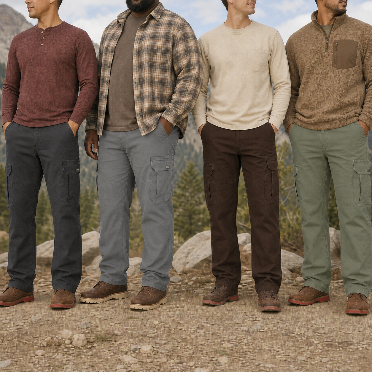 Men wearing the second four cargo pants colors outdoors