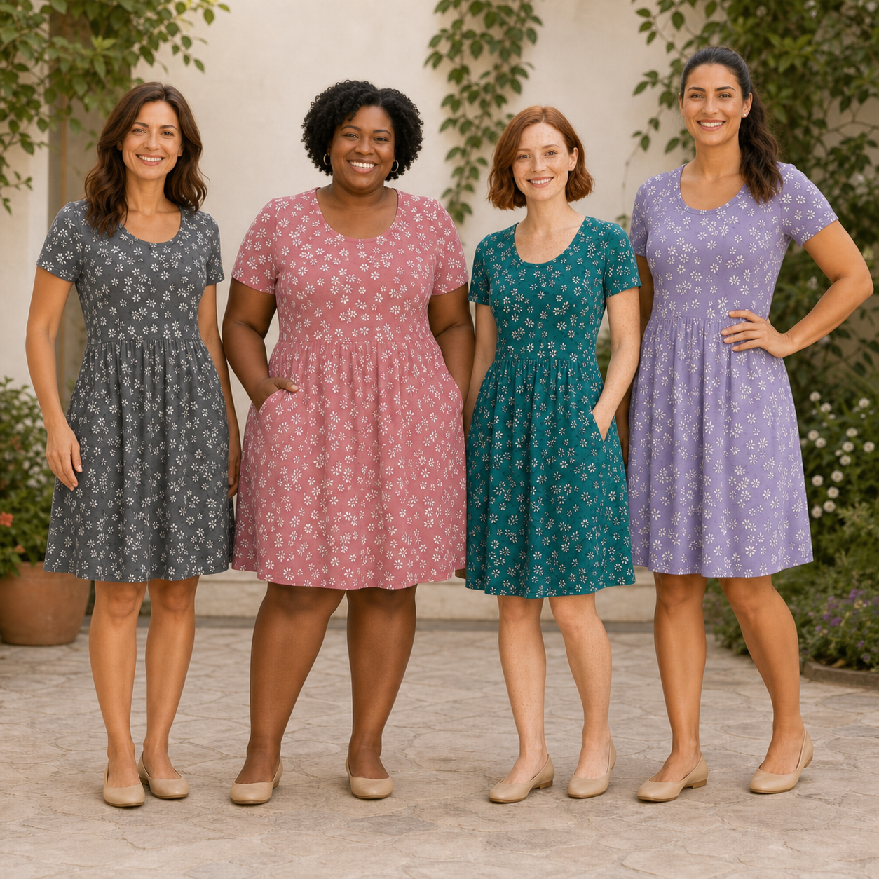 Four women wearing charcoal rose teal and lavender floral dresses
