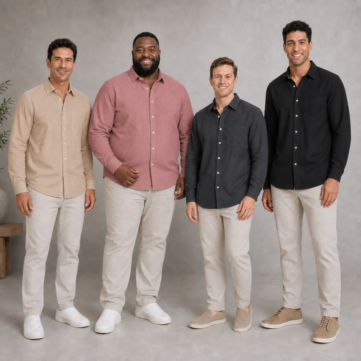 Four men wearing beige rose charcoal and black shirts