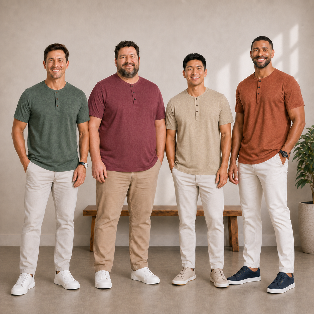 Four men wearing package B Henley colors