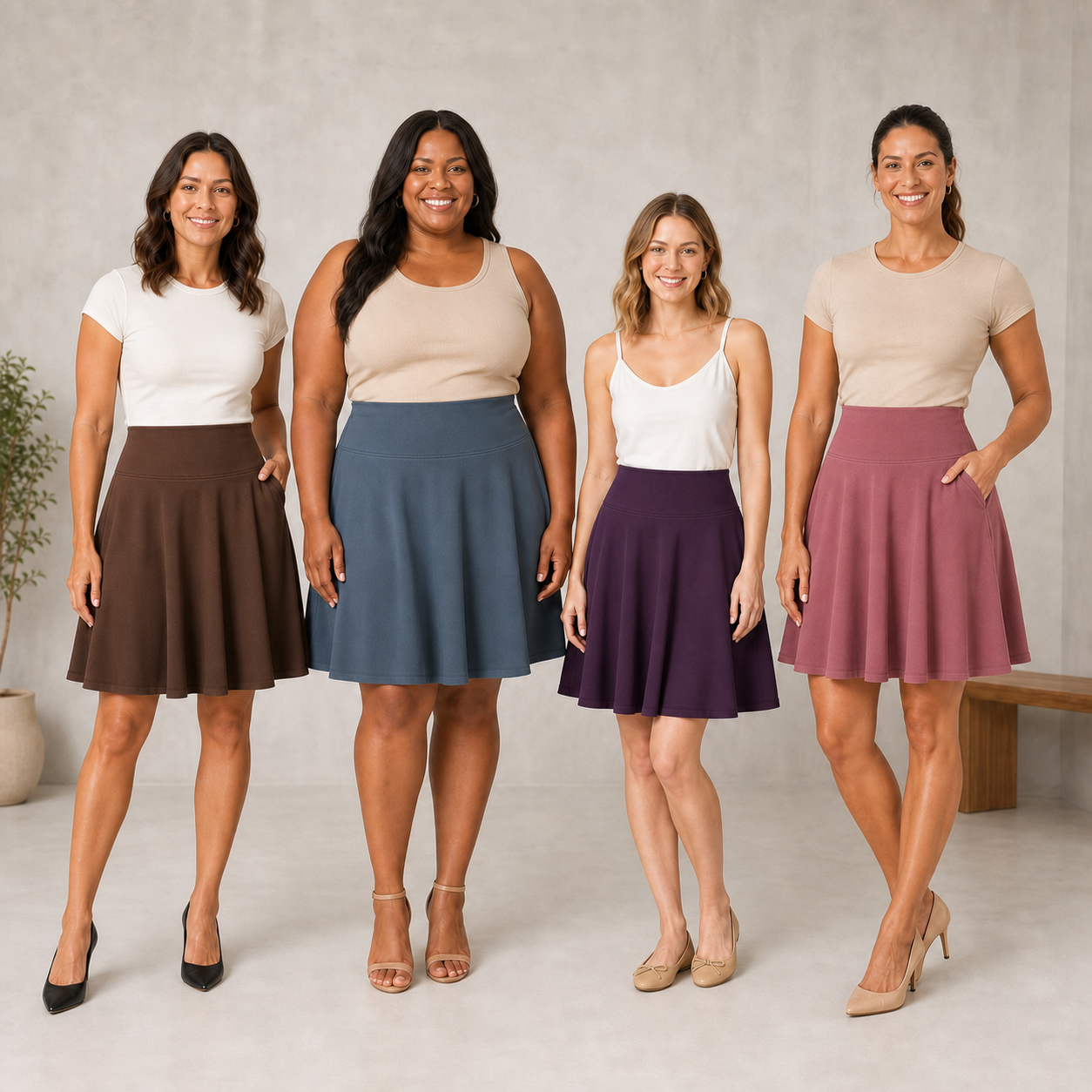 Four women wearing cocoa brown slate blue plum and dusty rose skater skirts