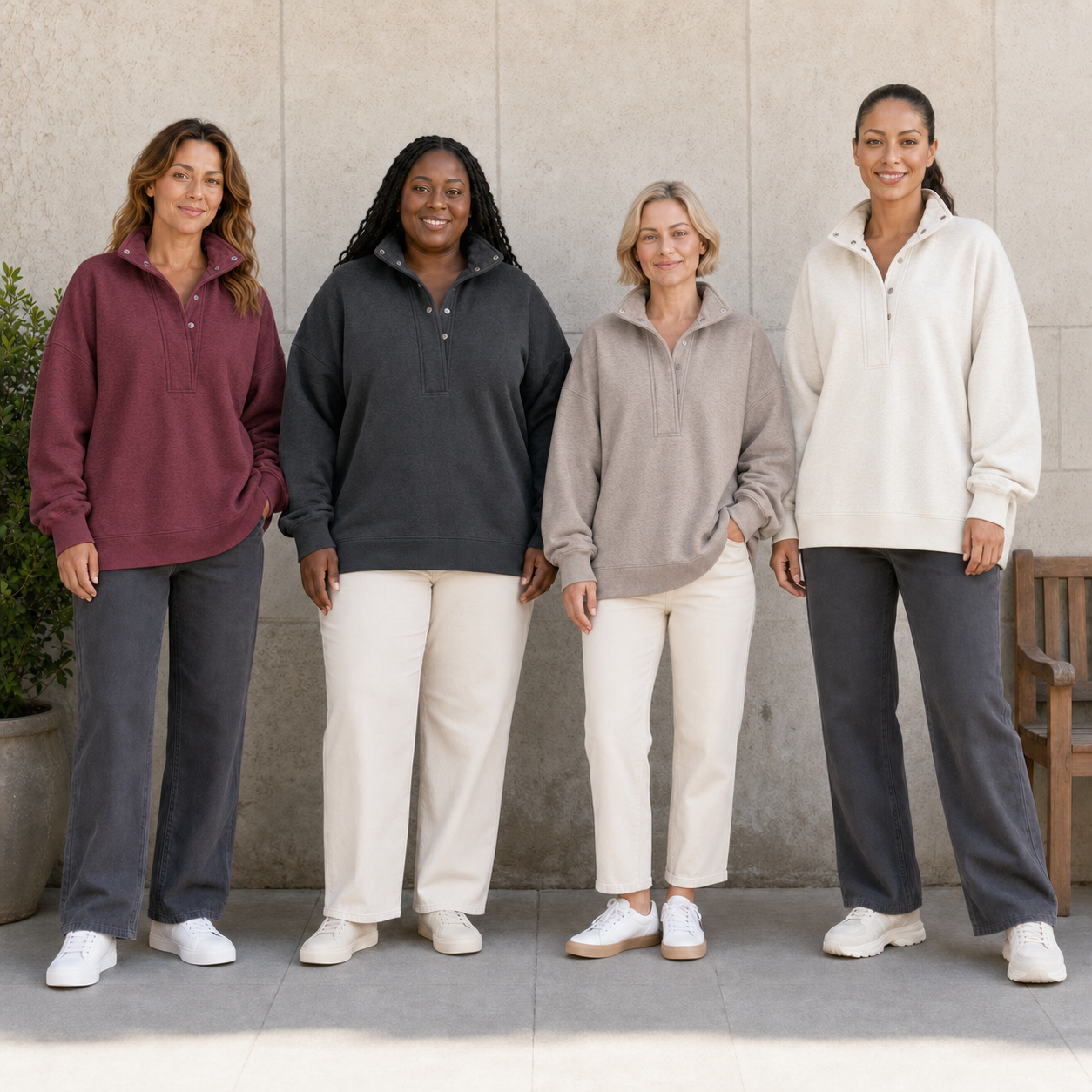 Four women wearing burgundy charcoal taupe and ivory pullovers
