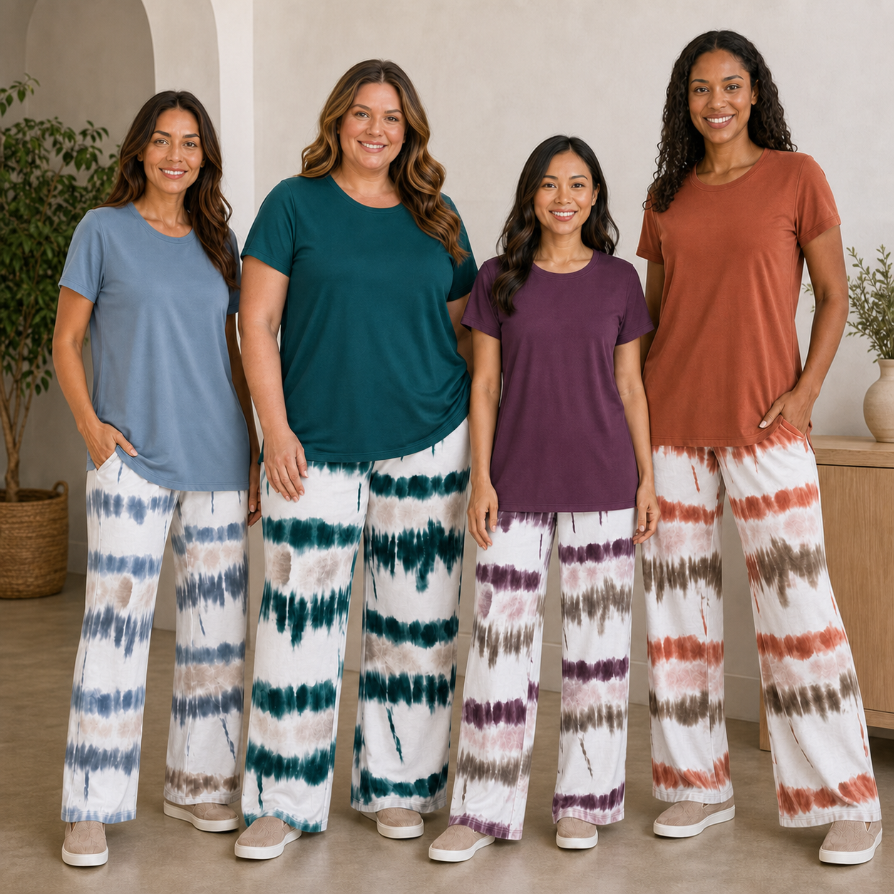 Four women wearing dusty blue teal plum and terracotta lounge sets