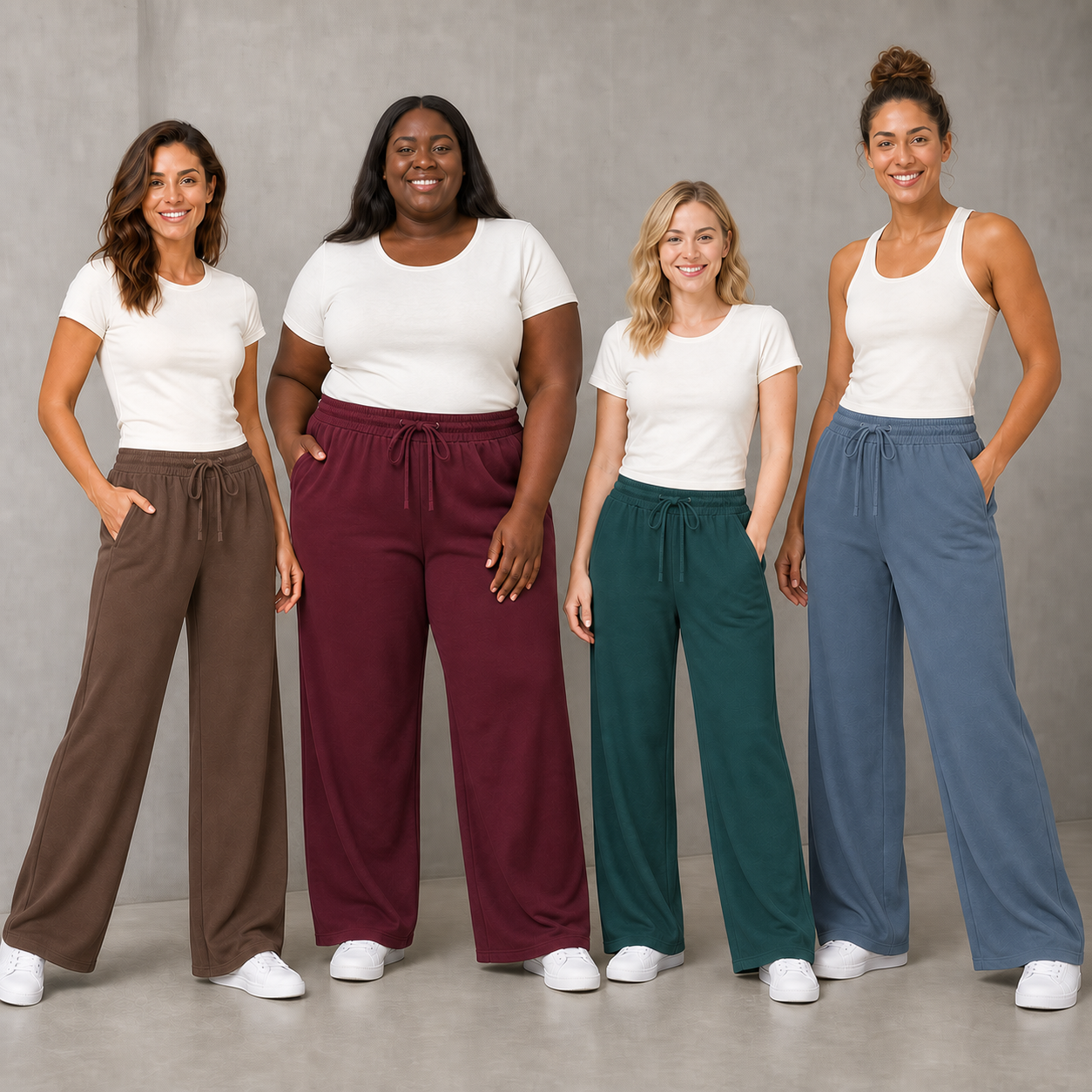 Four women wearing mocha burgundy teal and dusty blue wide-leg pants