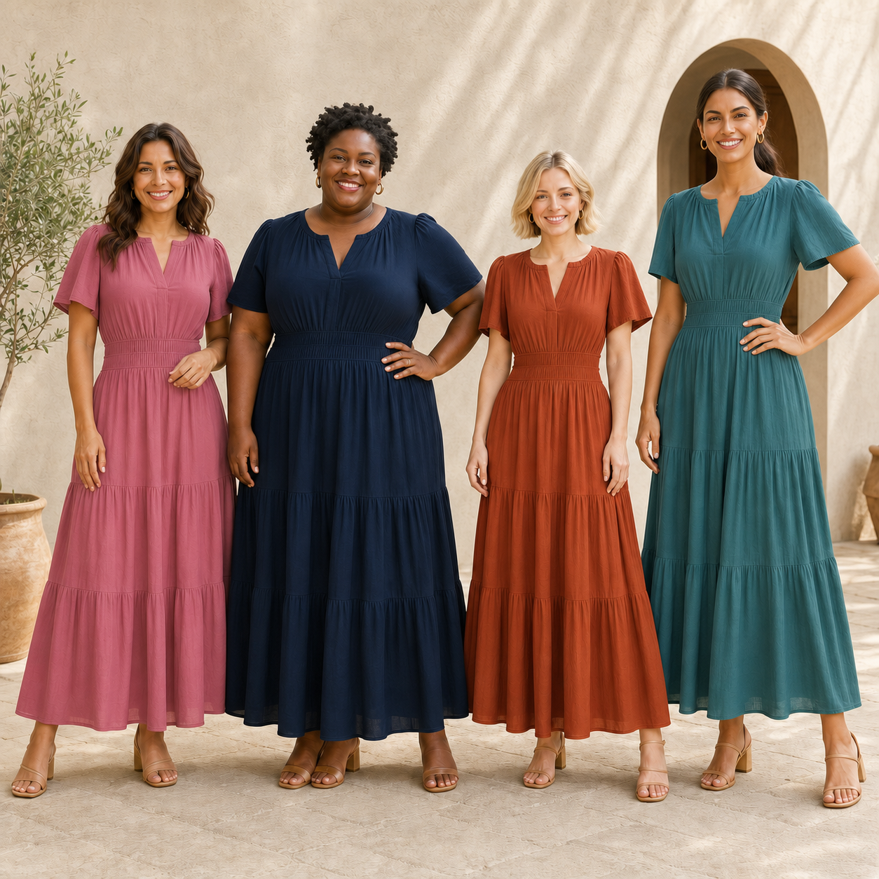 Four women wearing dusty rose navy terracotta and teal maxi dresses