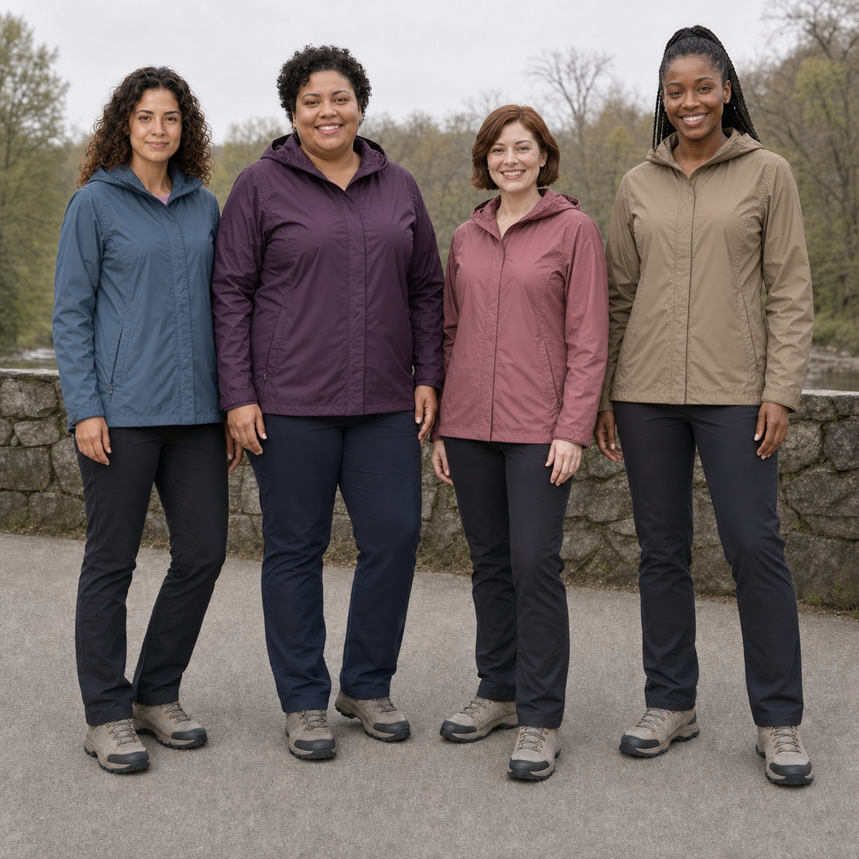 Women wearing slate blue plum dusty rose and sandstone hooded jackets