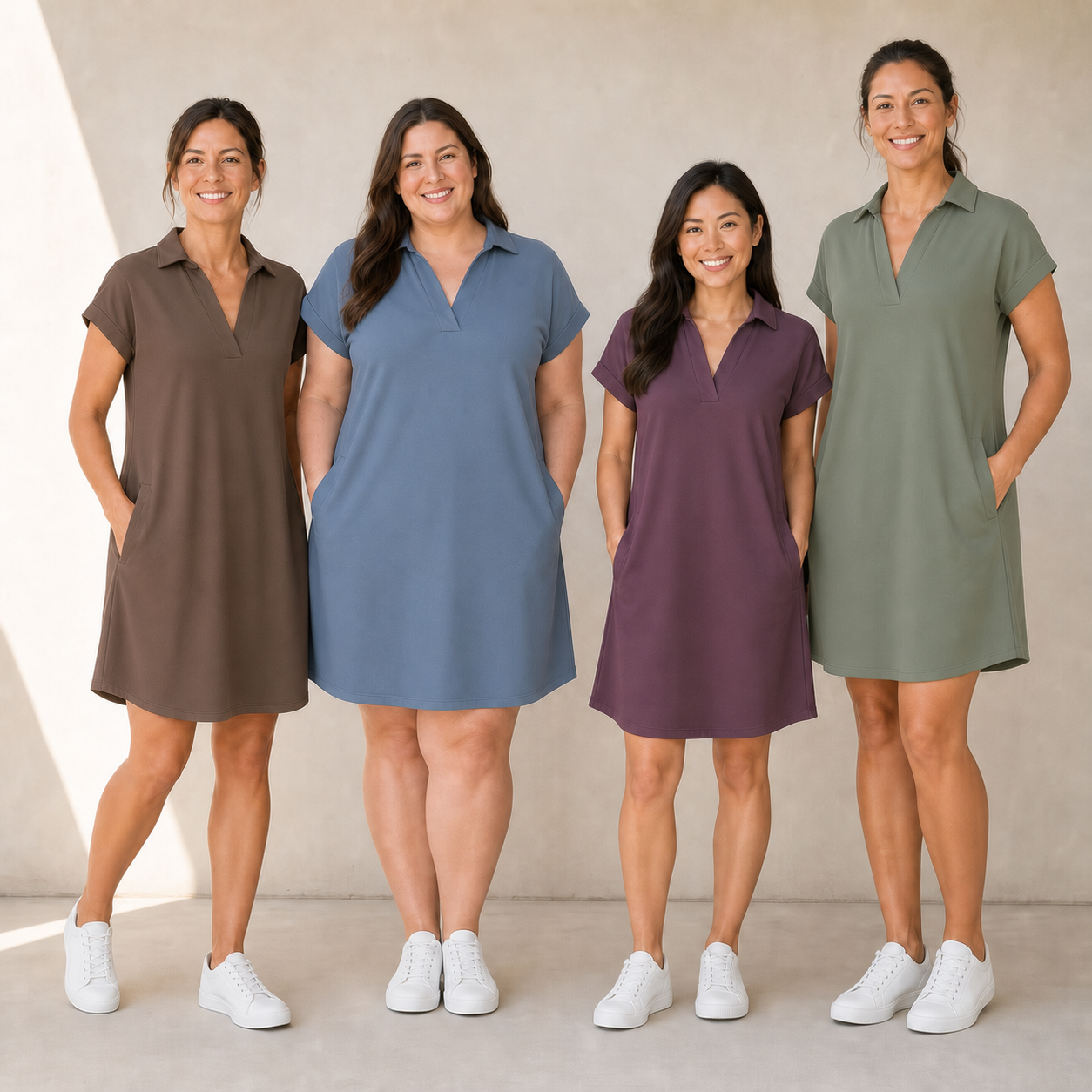 Four women wearing mocha dusty blue plum and sage pocket dresses