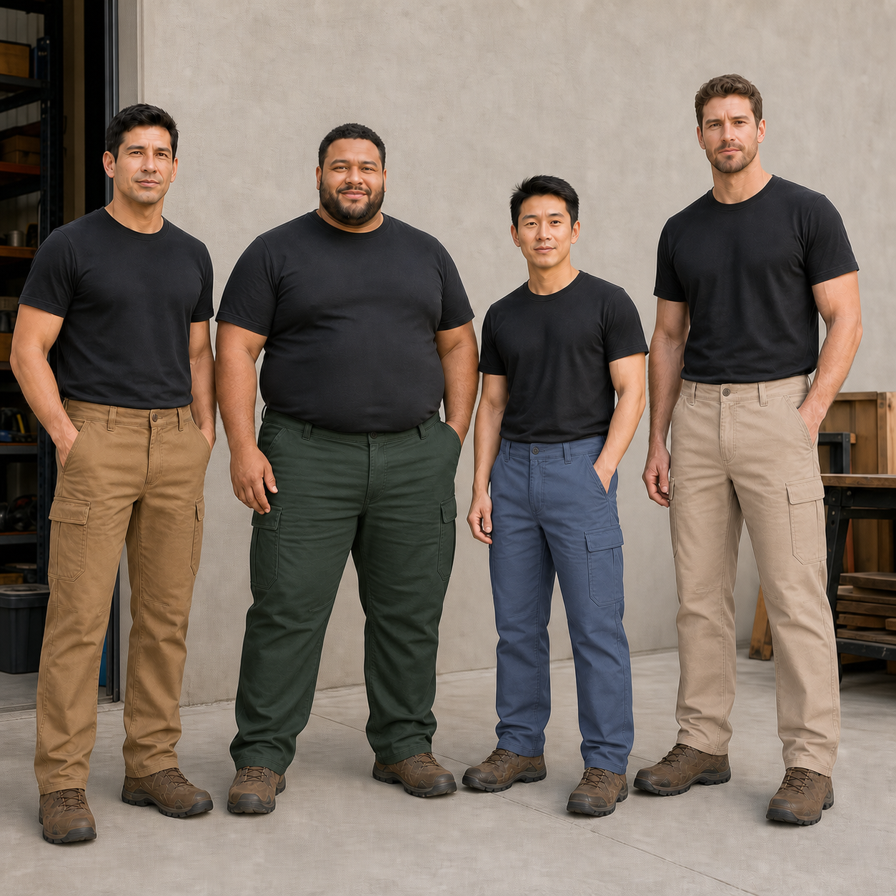 Four men wearing brown green blue and sandstone cargo pants