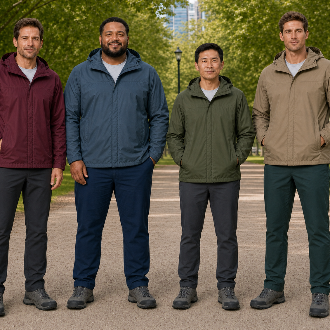 Men wearing burgundy steel blue olive and sandstone hooded jackets