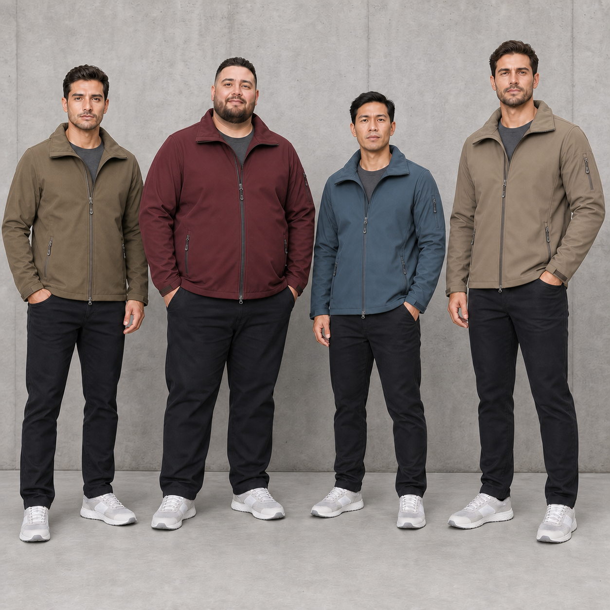 Four men wearing khaki burgundy steel blue and sand hooded jackets
