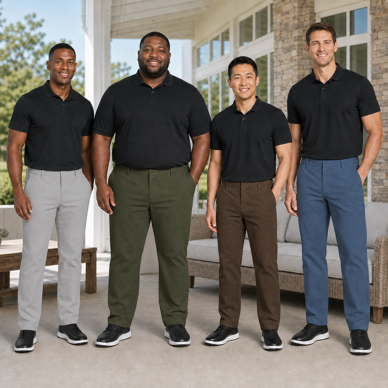 Four men wearing light gray olive brown and slate blue straight-leg pants