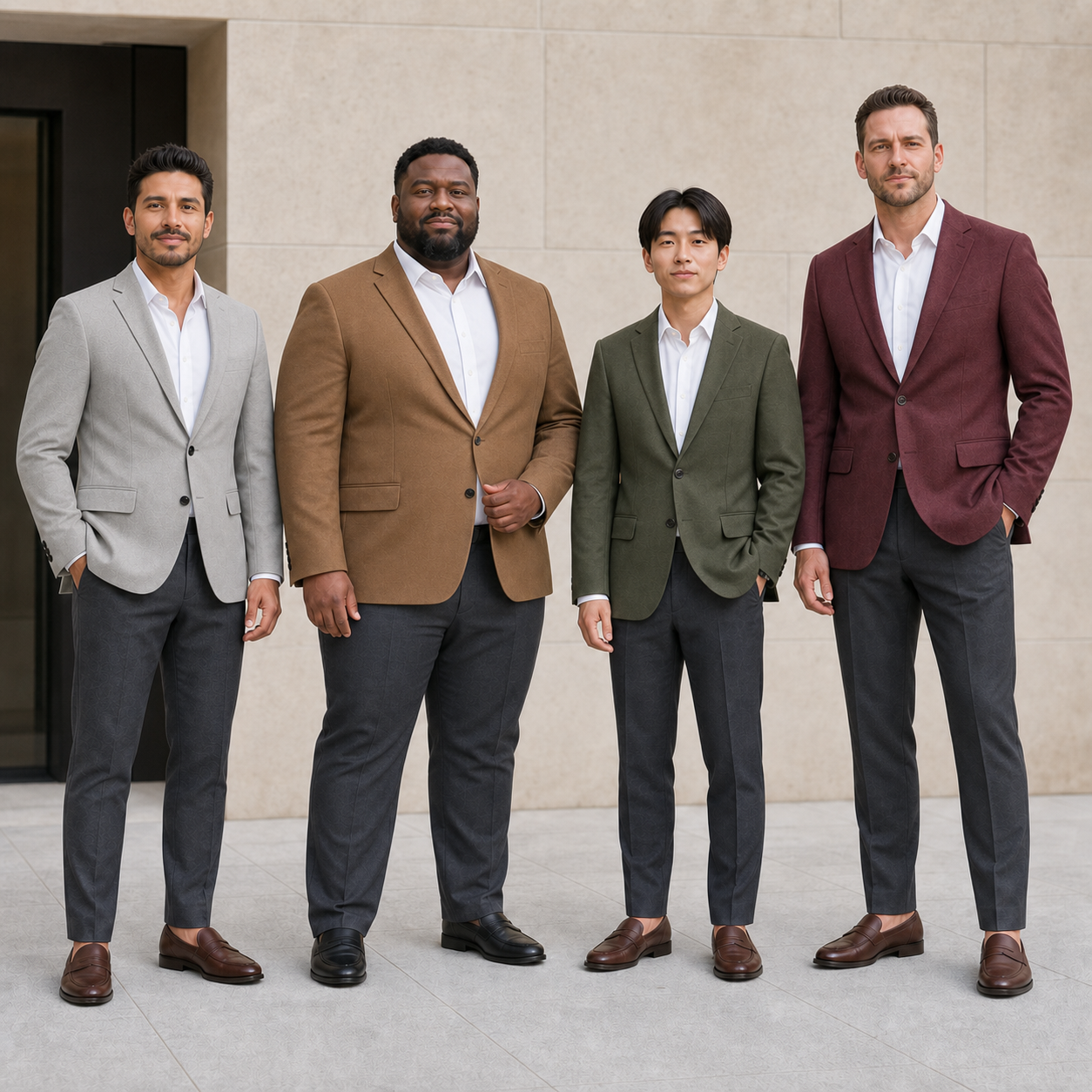 Four men wearing light gray camel olive and burgundy blazers
