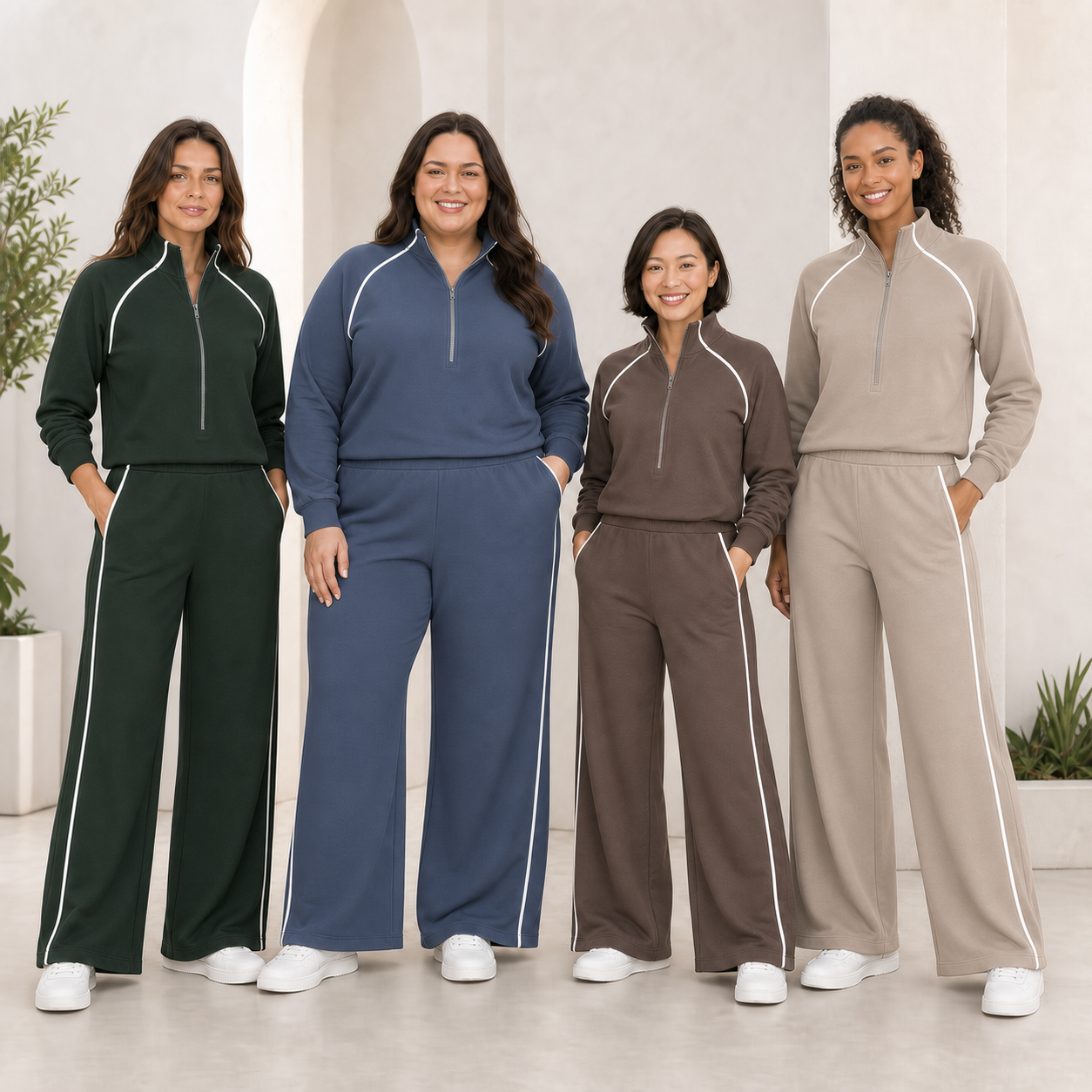 Women wearing forest steel blue mocha and sandstone piped sets