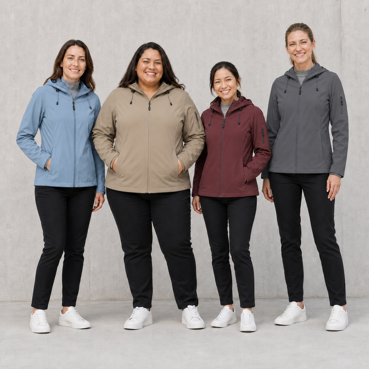 Four women wearing light blue beige burgundy and charcoal rain jackets