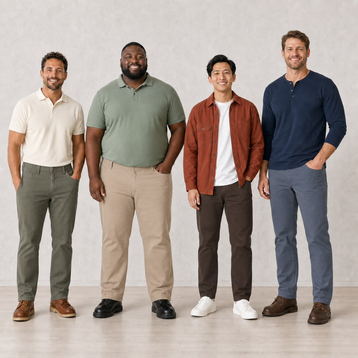 Four men wearing package B straight-fit pants colors