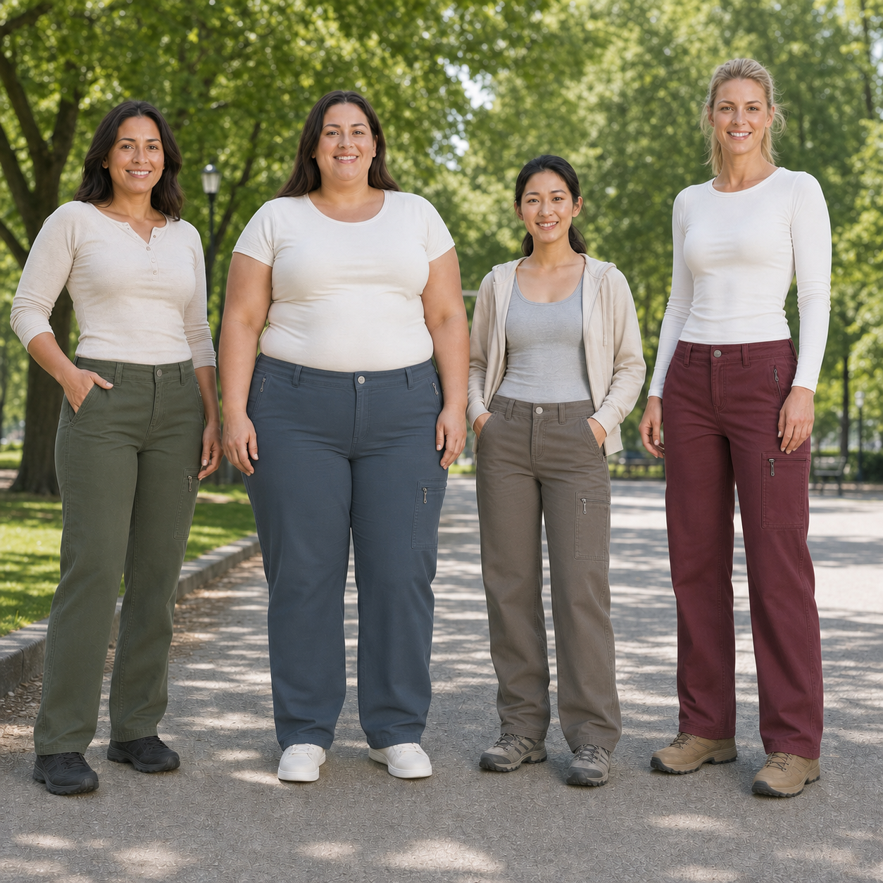 Four women wearing olive slate taupe and burgundy cargo pants