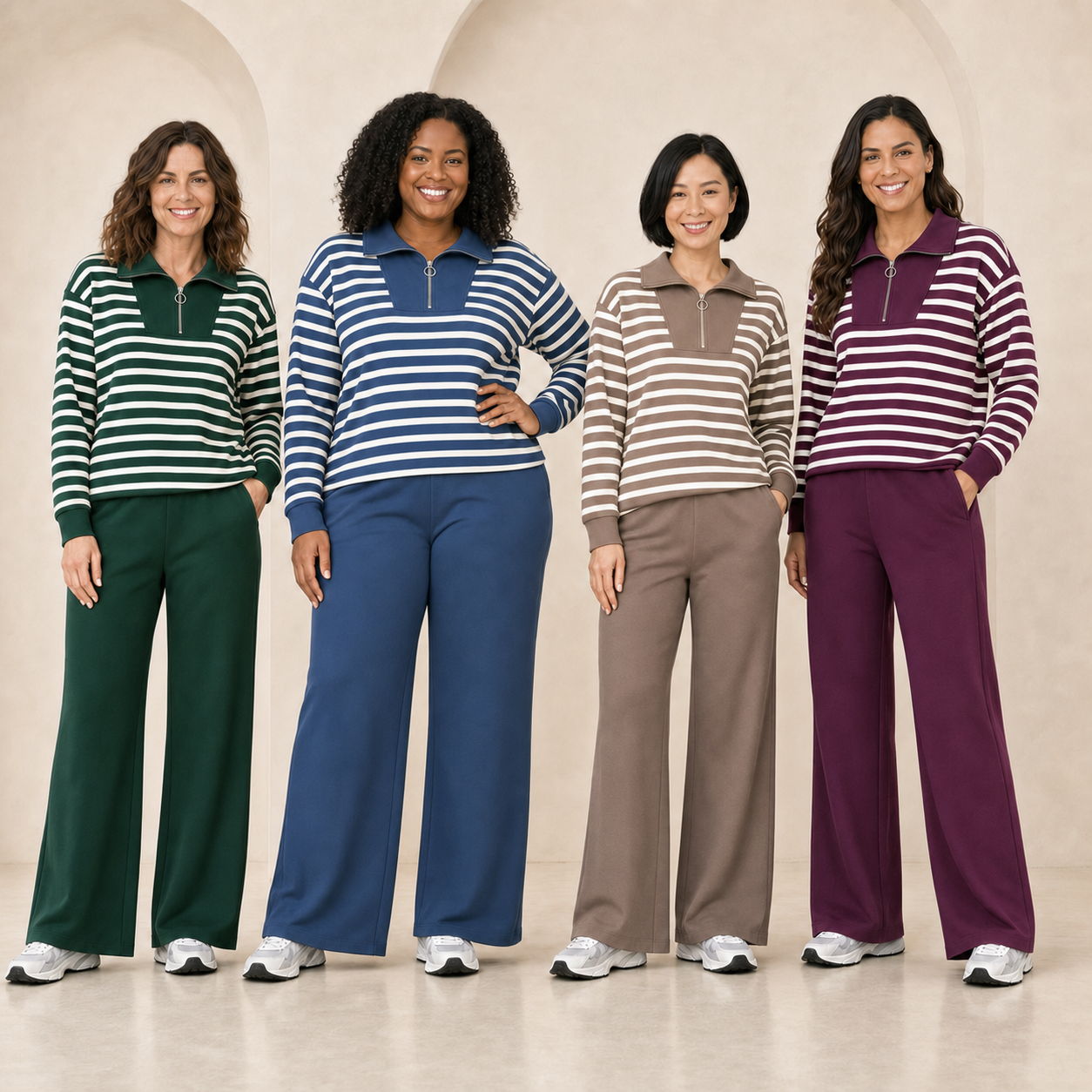 Women wearing forest steel blue mocha and plum striped sets