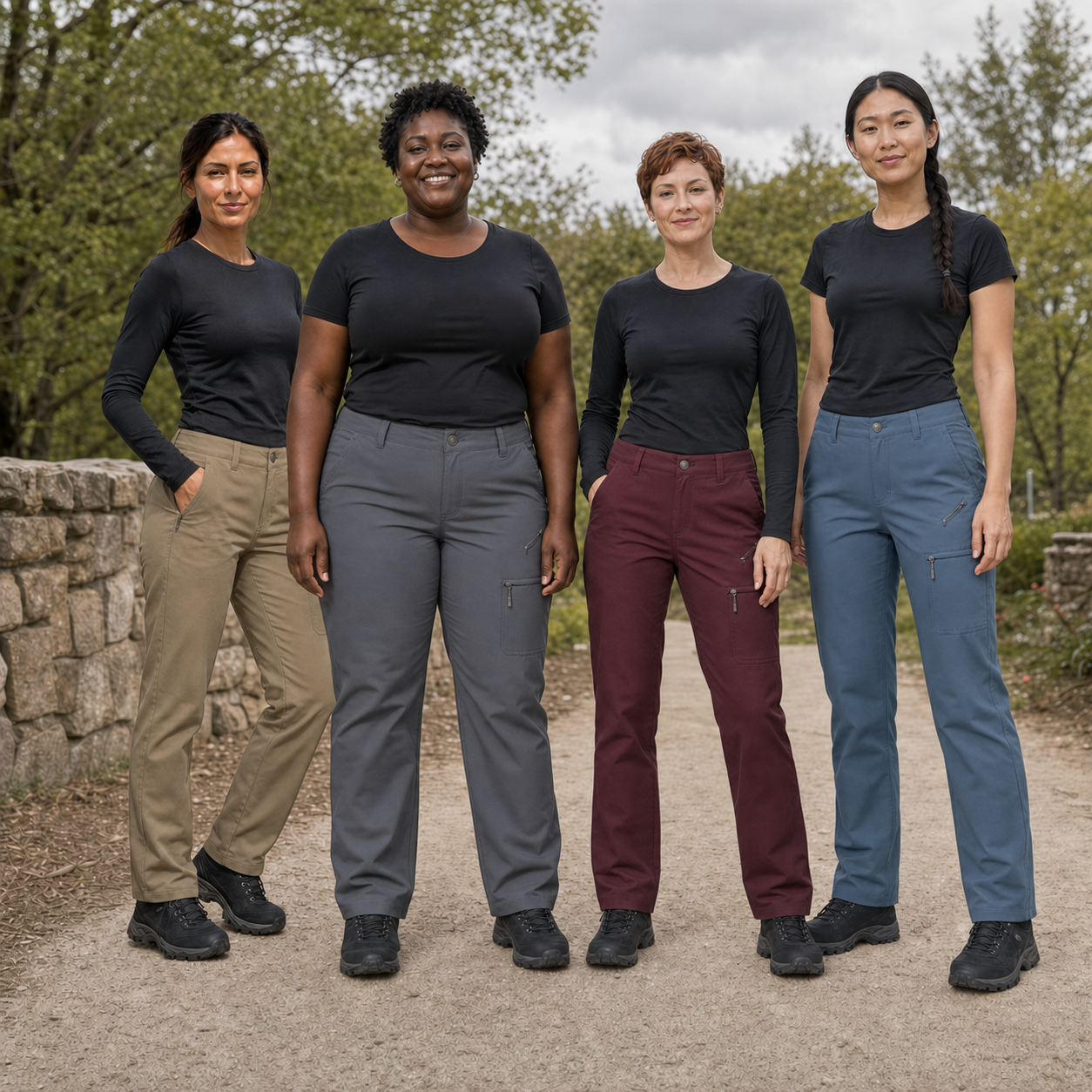 Four women wearing khaki stone burgundy and dusty blue cargo hiking pants