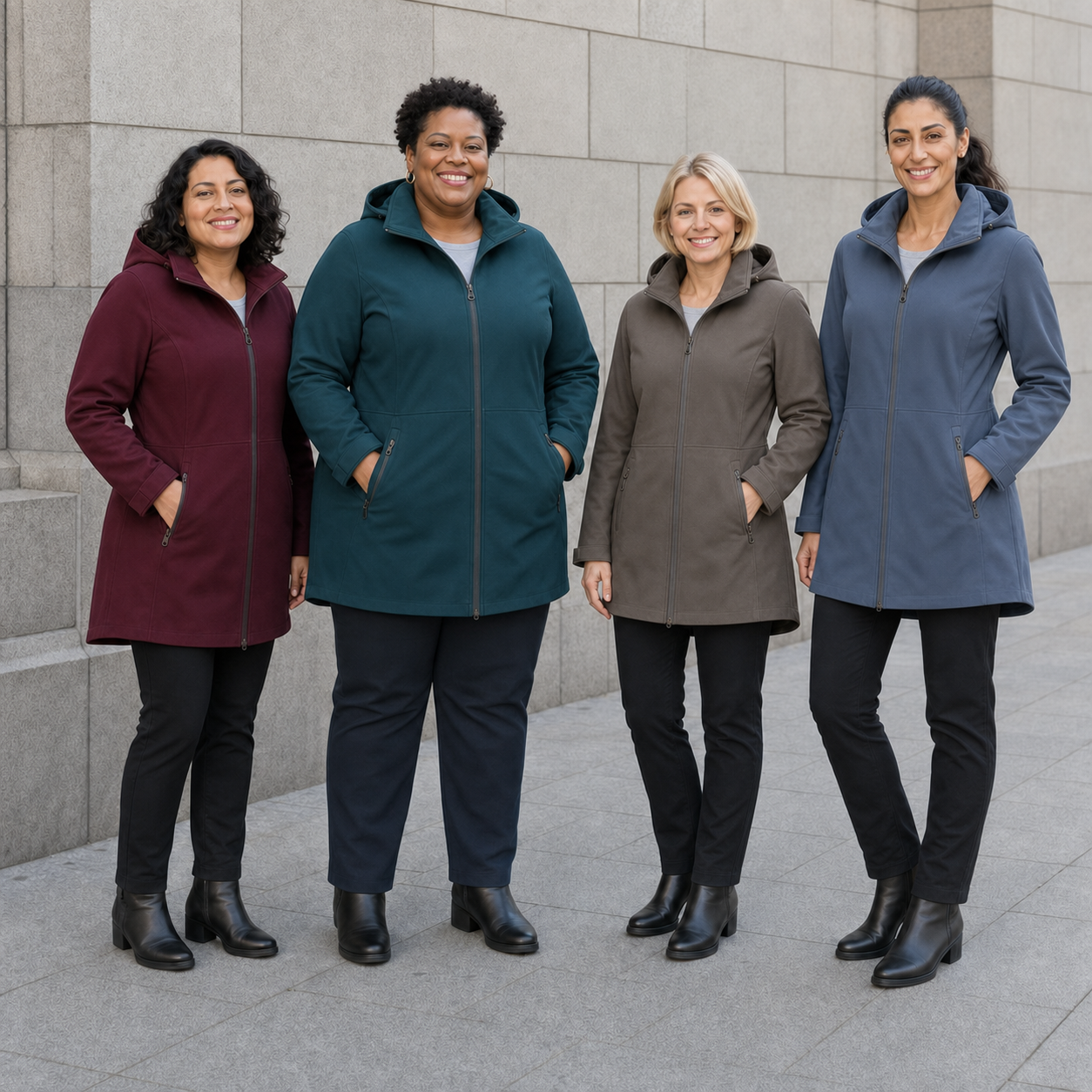 Four women wearing burgundy teal taupe and dusty blue hooded jackets