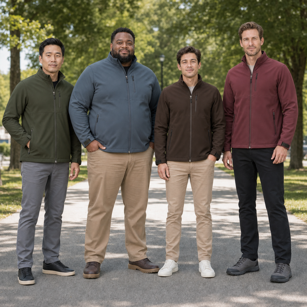 Four men wearing olive steel blue brown and burgundy jackets