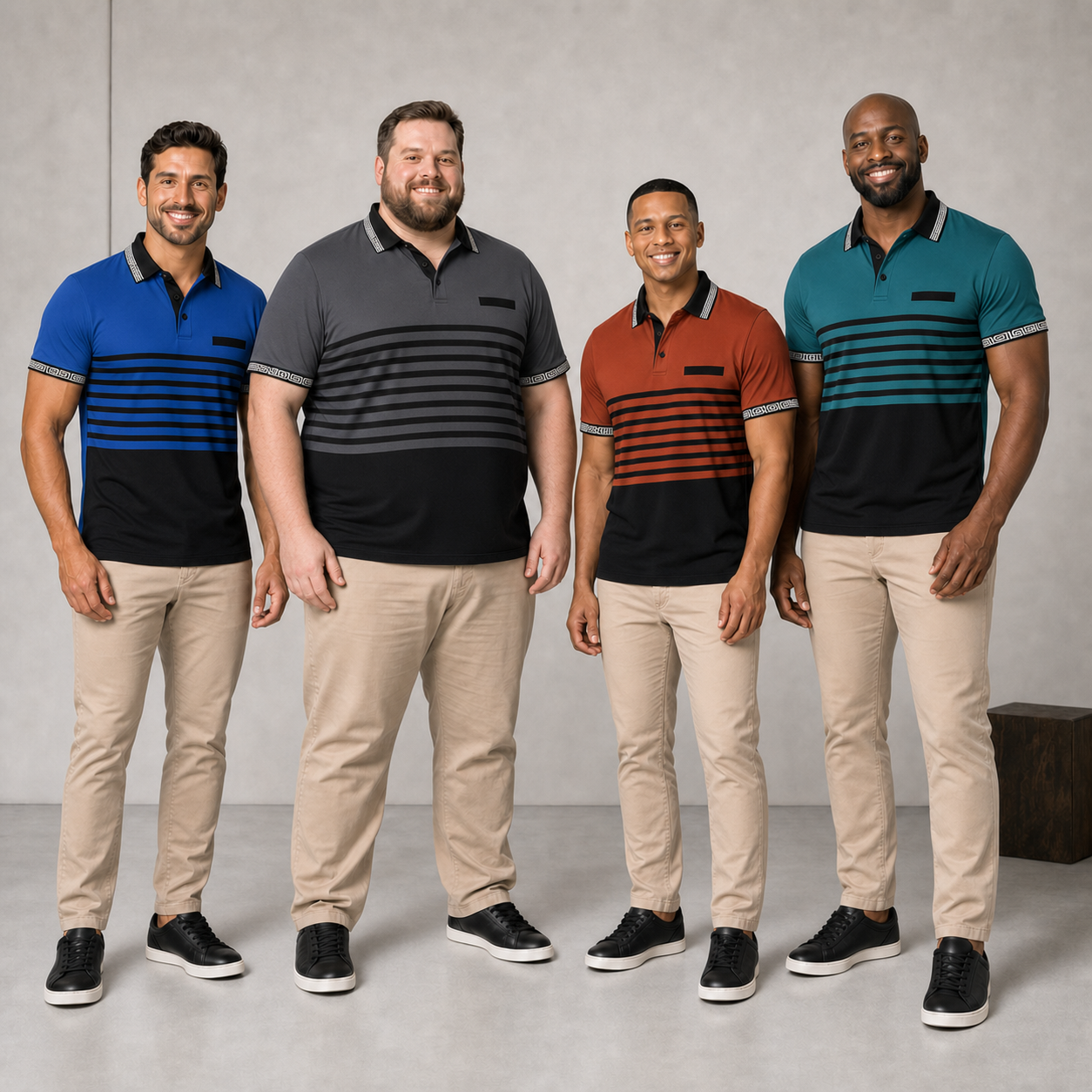 Four men wearing polo colors from mixed pack B