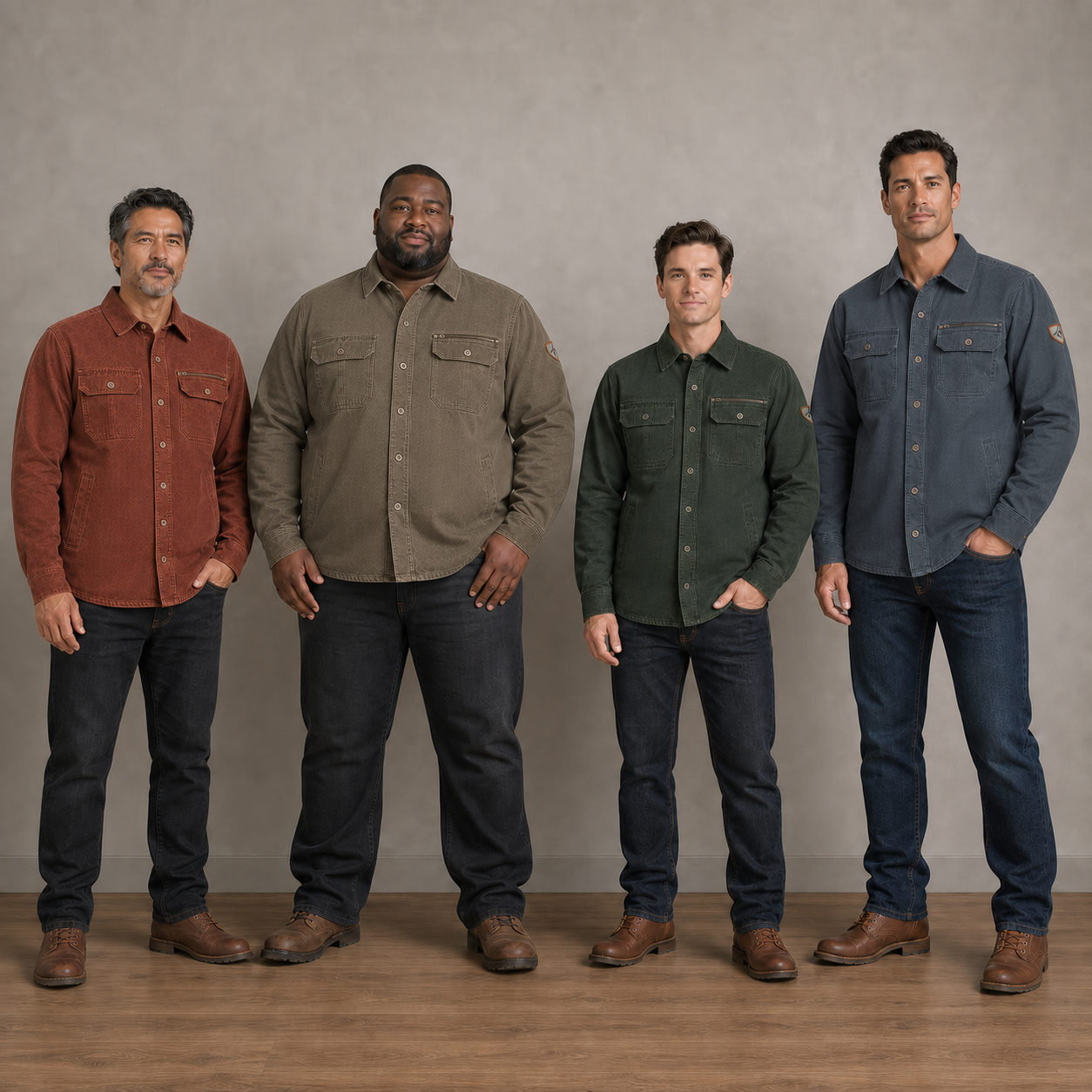 Four men wearing rust khaki forest and slate field jackets