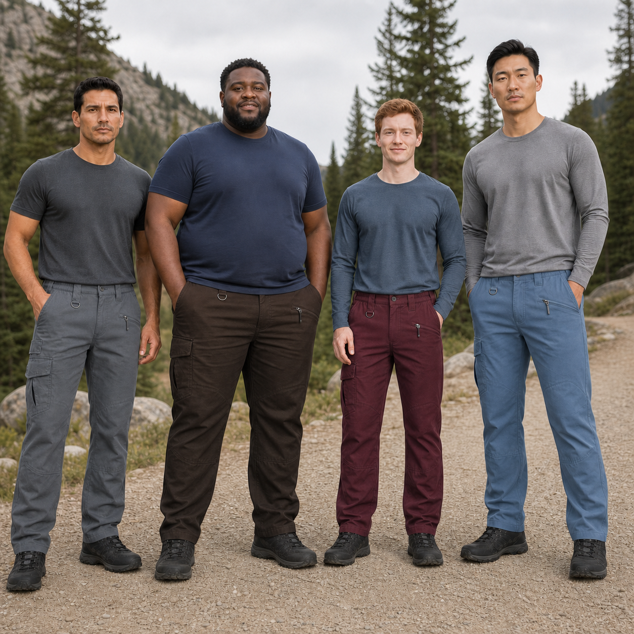 Four men wearing steel gray brown burgundy and blue cargo hiking pants