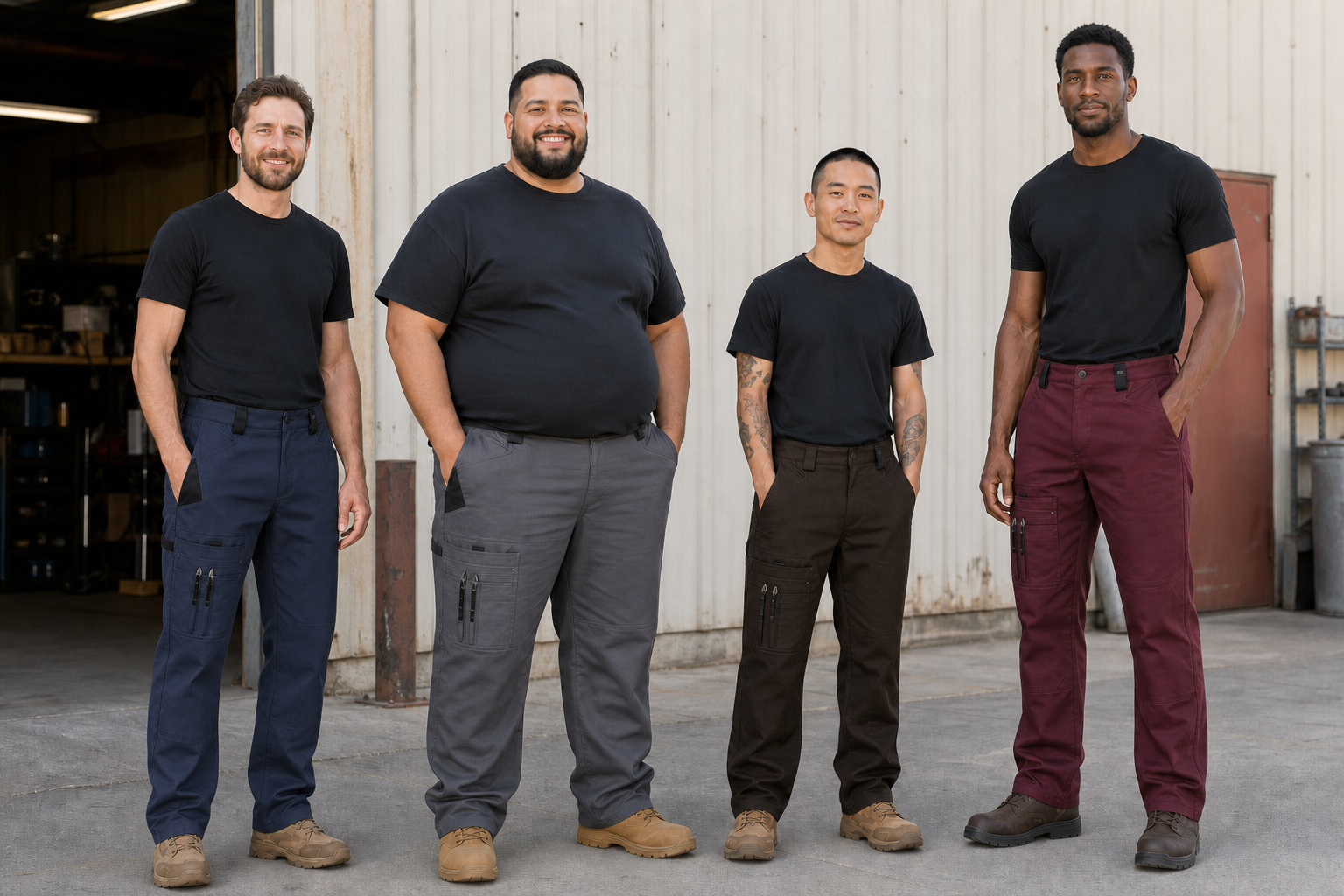 Same four men wearing navy stone brown and burgundy work pants