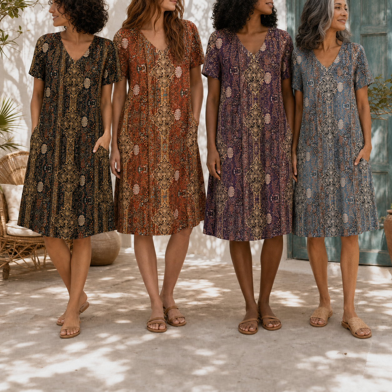 Four women wearing black terracotta plum and slate dresses