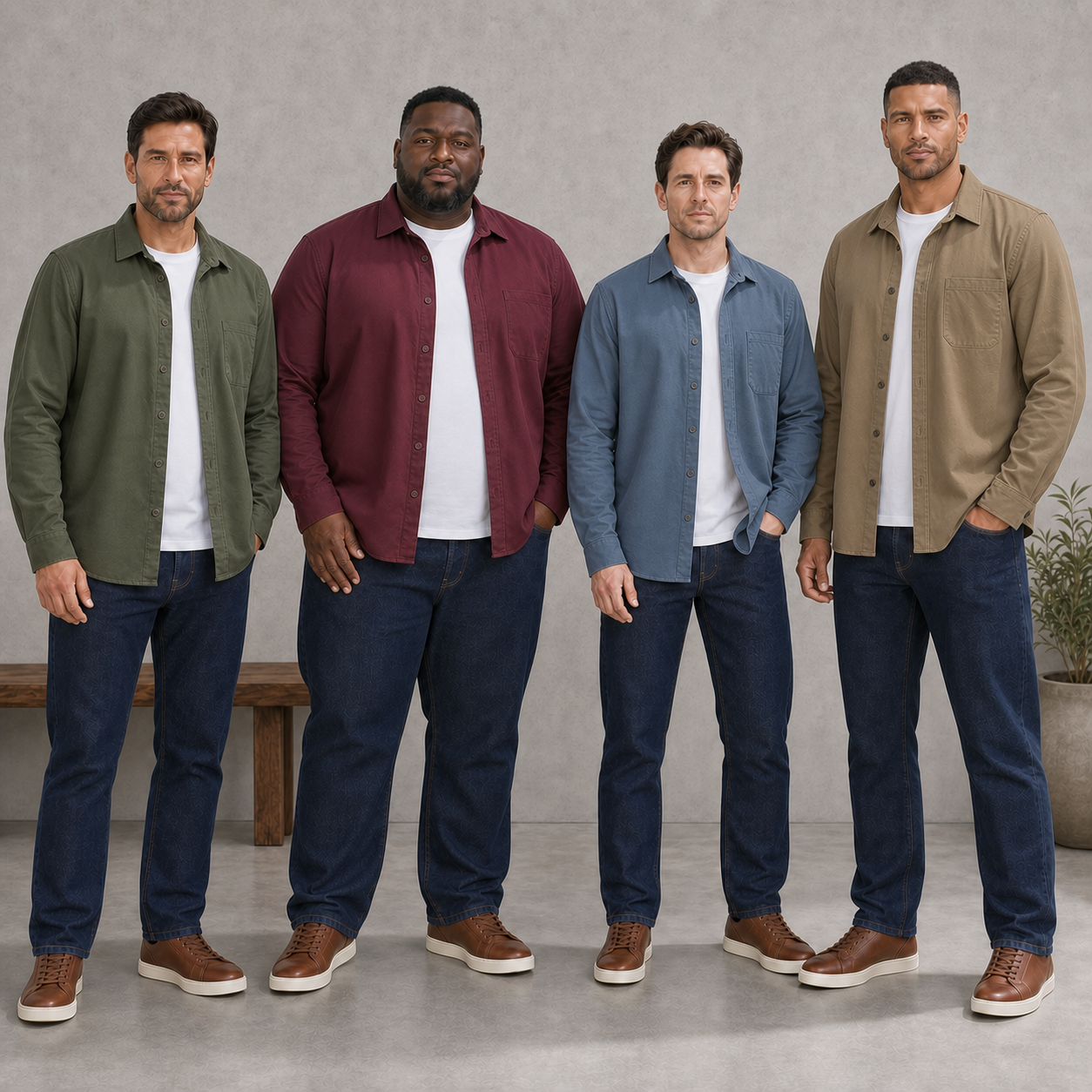 Four men wearing olive burgundy slate and khaki single-pocket overshirts
