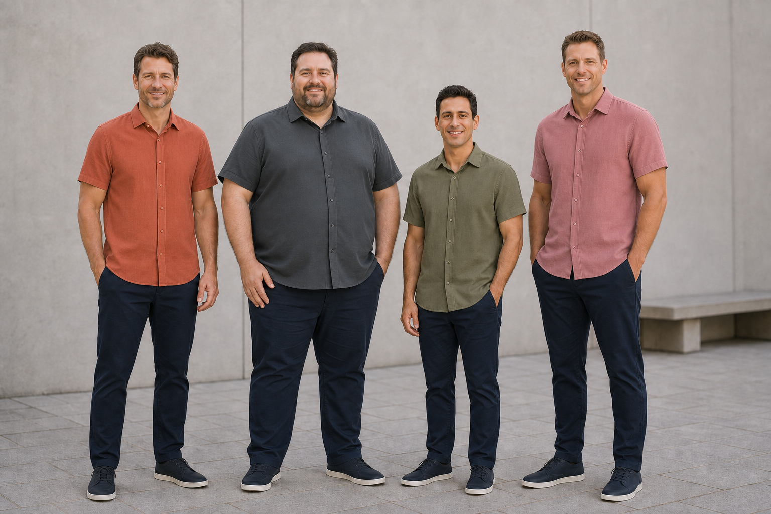 Four men wearing terracotta charcoal olive and dusty rose shirts