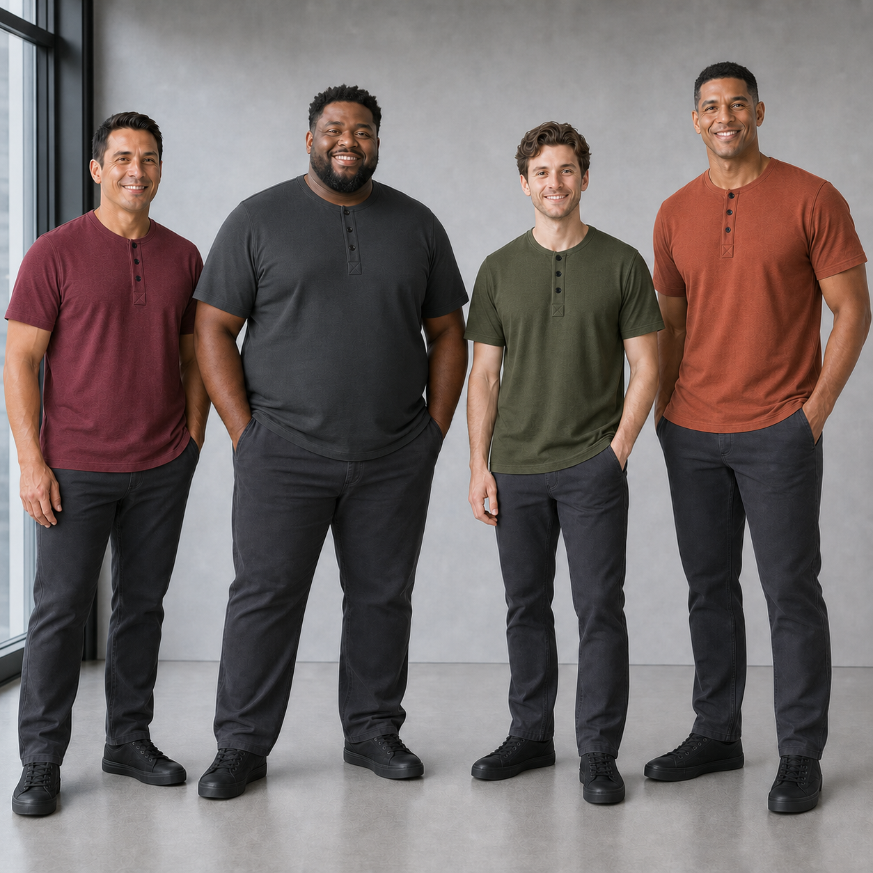 Four men wearing Henley colors from mixed pack B