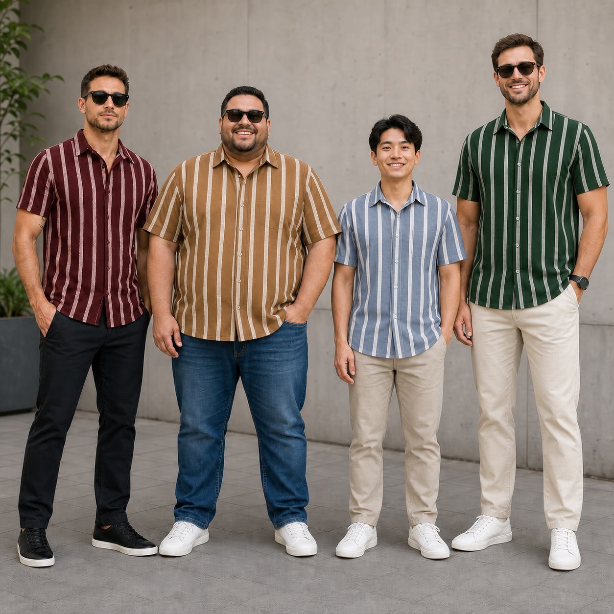 Four men wearing burgundy tan slate and green striped shirts