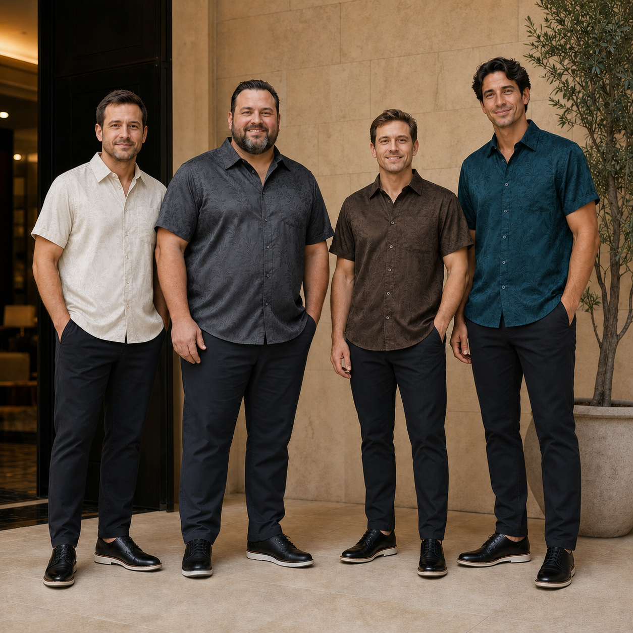 Four men wearing ivory slate brown and teal jacquard shirts