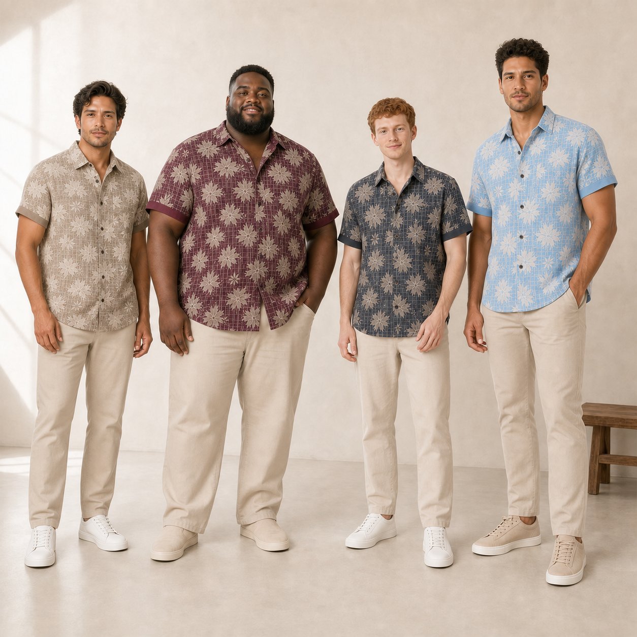 Four men wearing sand burgundy charcoal and sky blue floral shirts