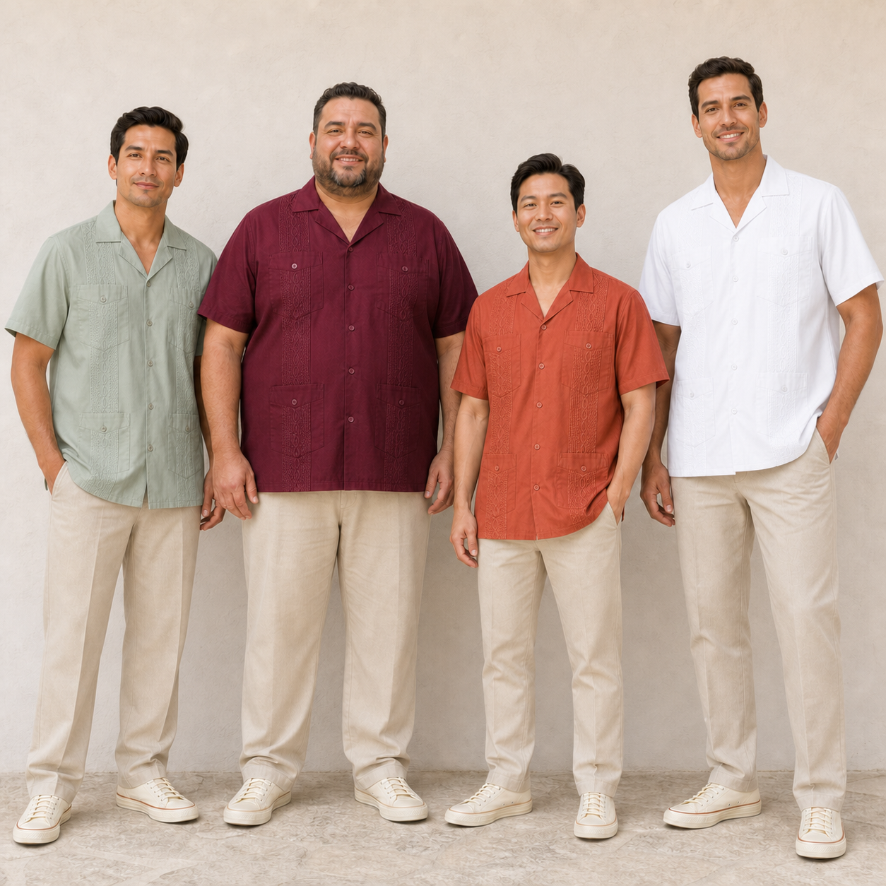 Four men wearing guayabera set B colors