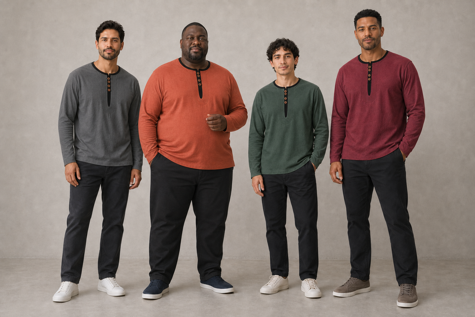 Four men wearing Henley colors from mixed pack B