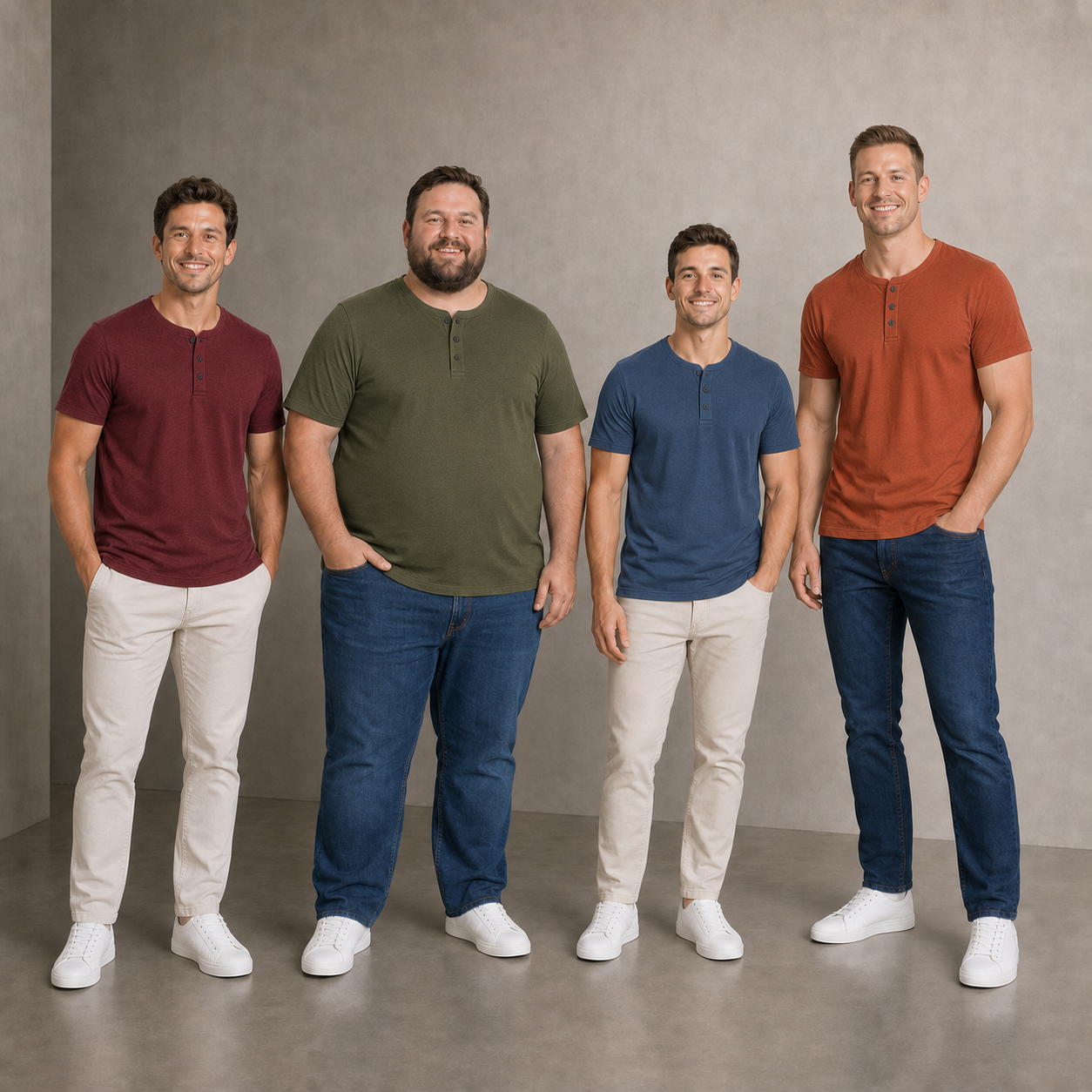 Four men wearing burgundy olive slate blue and rust Henley shirts