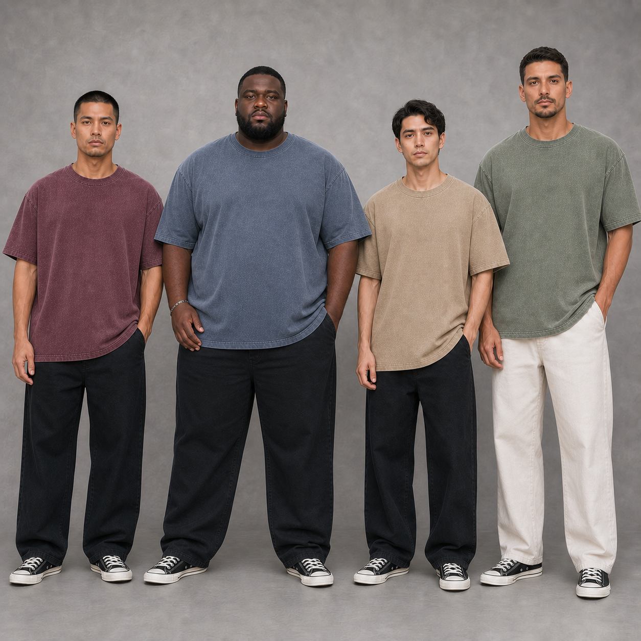 Four men wearing burgundy slate sandstone and sage oversized T-shirts