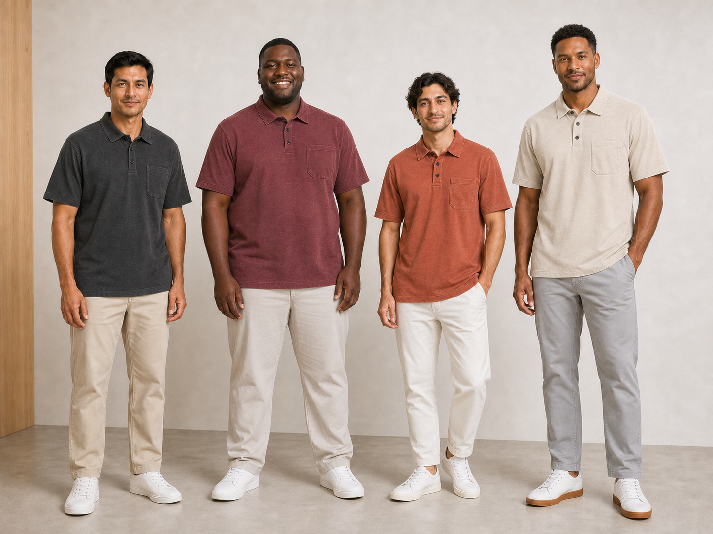 Four men wearing charcoal burgundy terracotta and cream polos