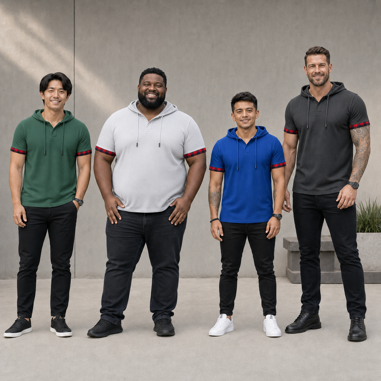 Four men wearing green gray blue and charcoal hooded Henley shirts