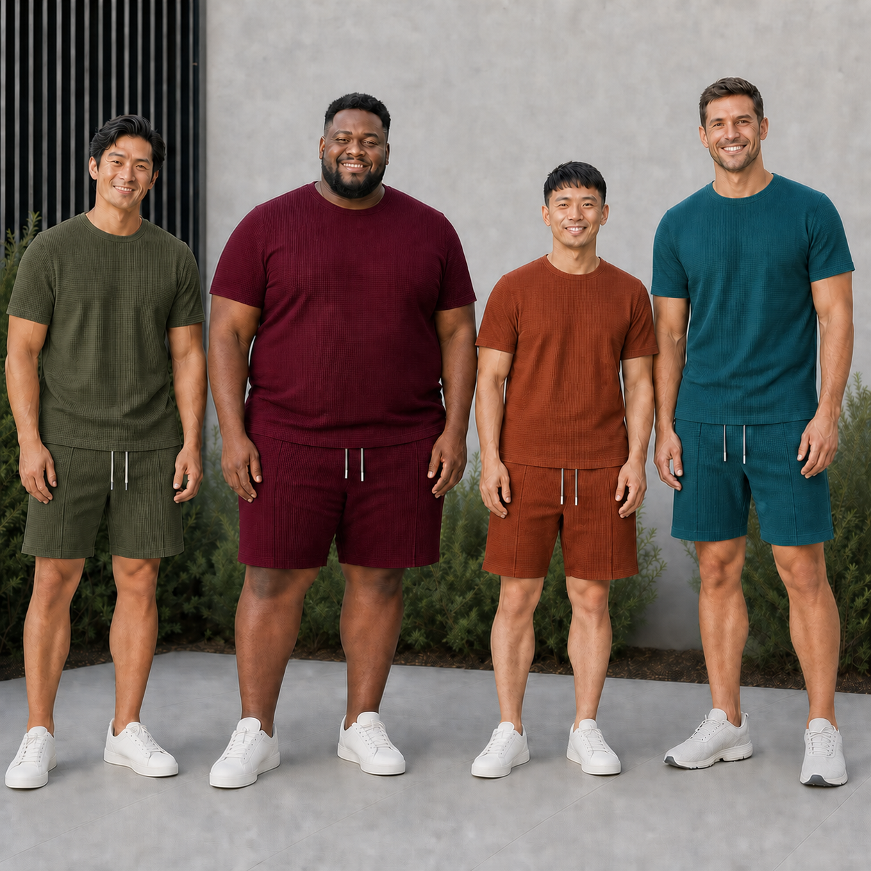 Four men wearing waffle sets from color pack B
