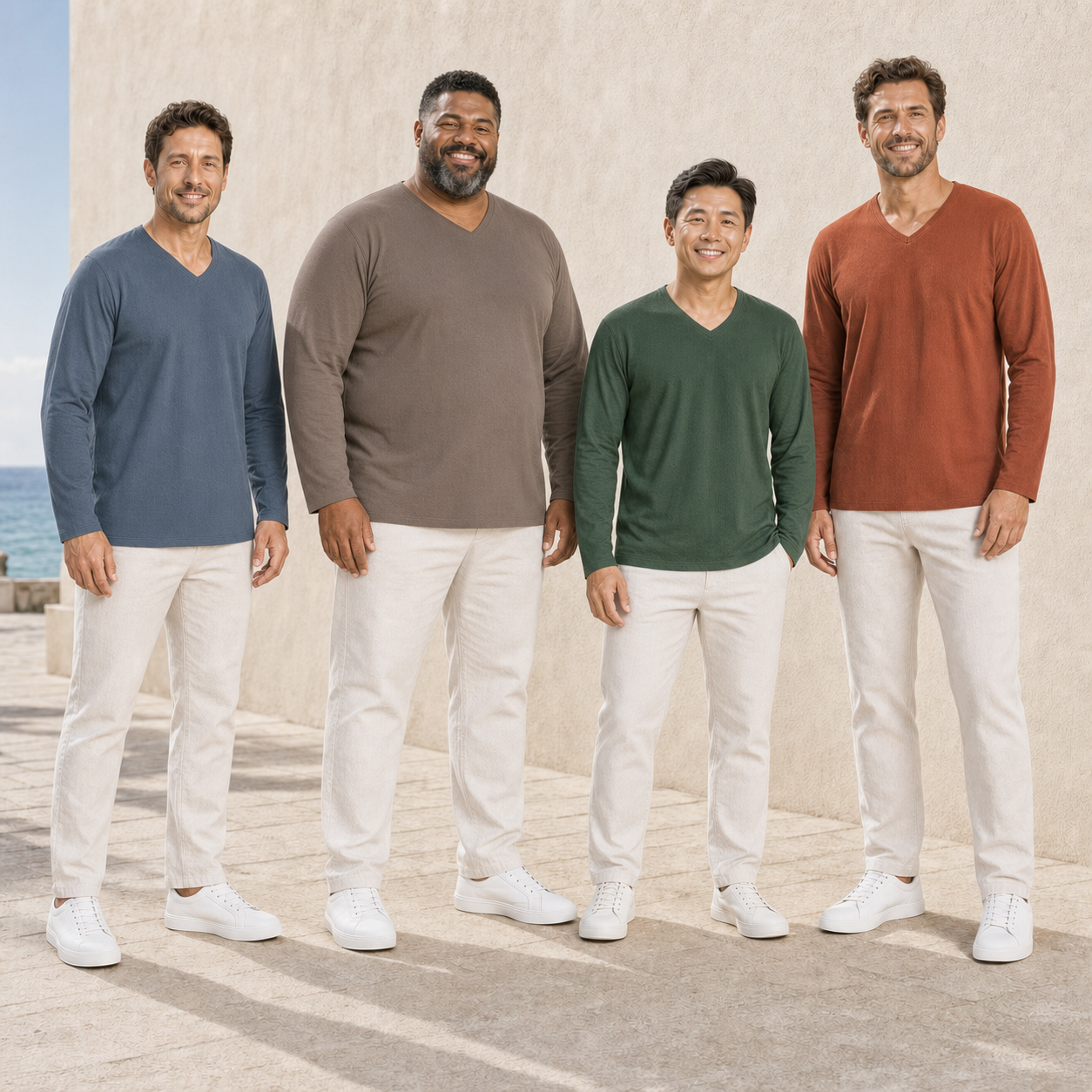 Four men wearing slate blue taupe forest green and rust V-neck shirts
