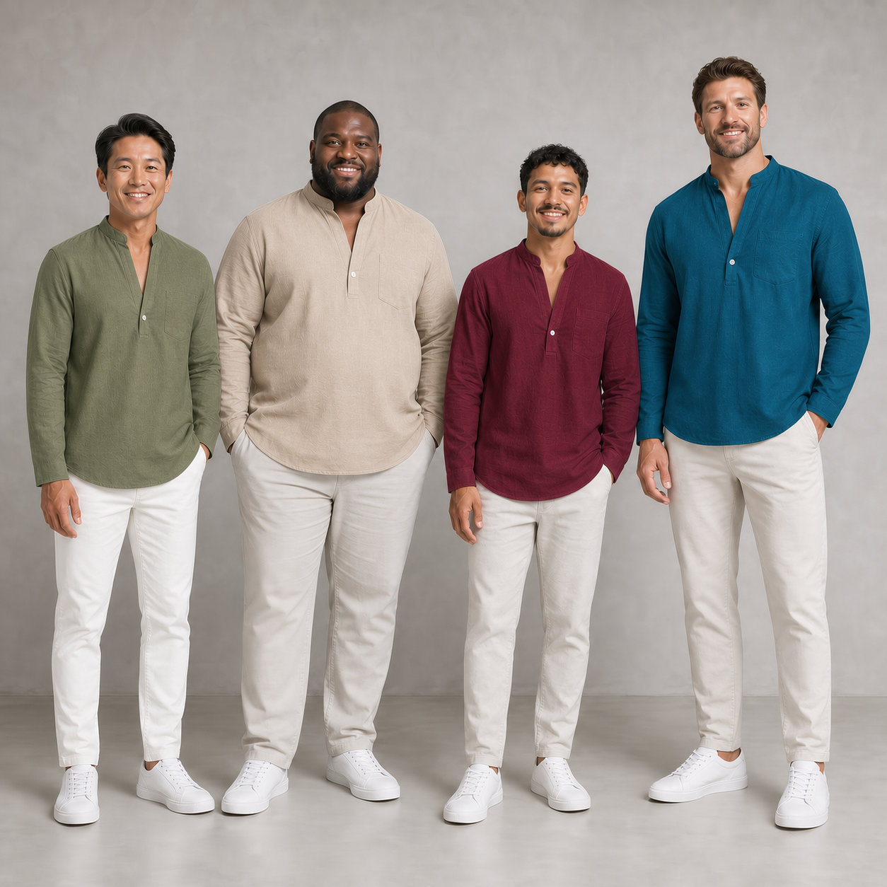 Four men wearing olive beige burgundy and teal split-neck shirts
